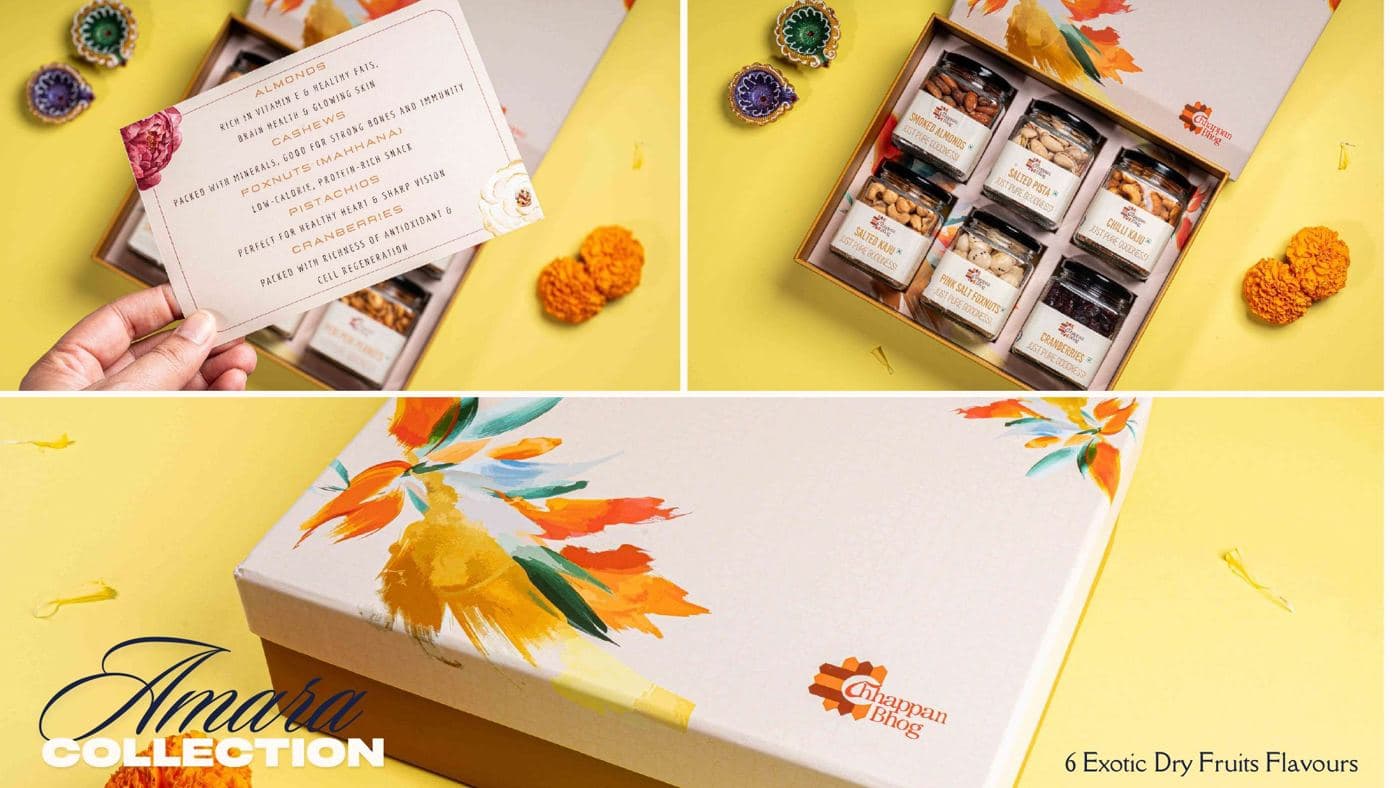 The Amara Collection from Chhappan Bhog, six jars of spiced dry fruits in a painted box