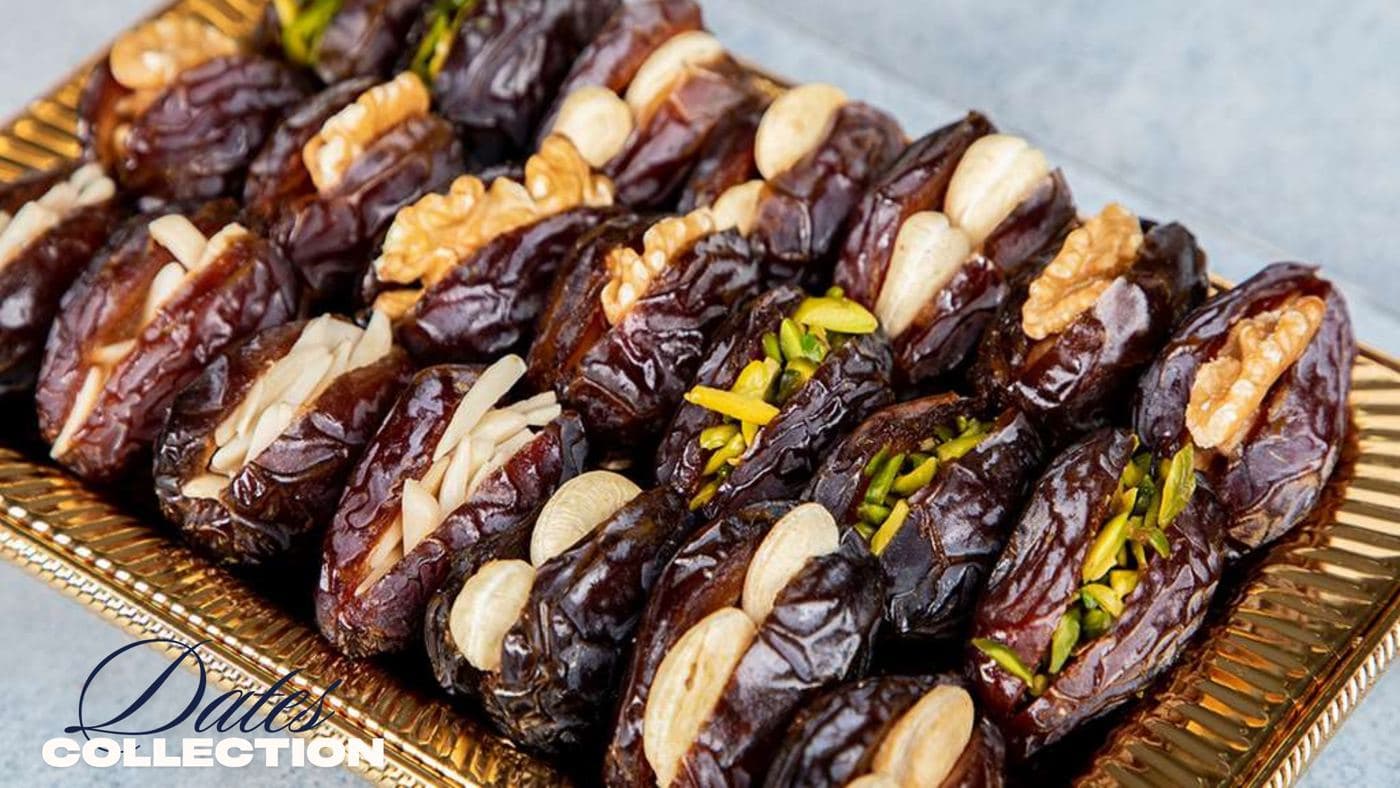 Stuffed dates from the Chhappan Bhog dates collection on a gold tray